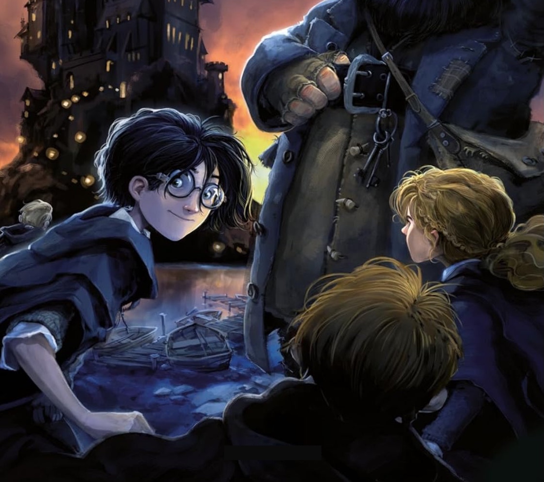 Harry, Ron and Hermione artwork from the Bloomsbury book covers.